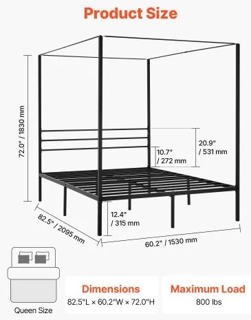 VEVOR Queen Size Canopy Bed Frame Metal Canopy Bed with Four Posters Black