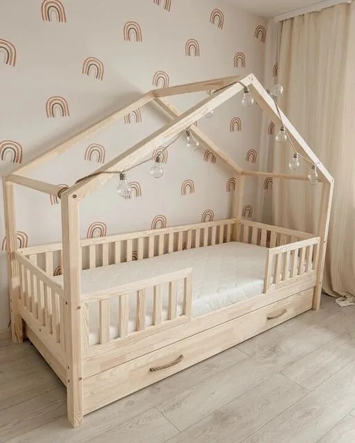 Κρεβάτι Παιδικό Montessori House Bed Duo Plus με κάγκελα 30cm  +  Συρτάρι  Ύπνου σε Φυσικό  Ξύλο  90×190cm  Luletto (Δώρο 10% έκπτωση στο Στρώμα)