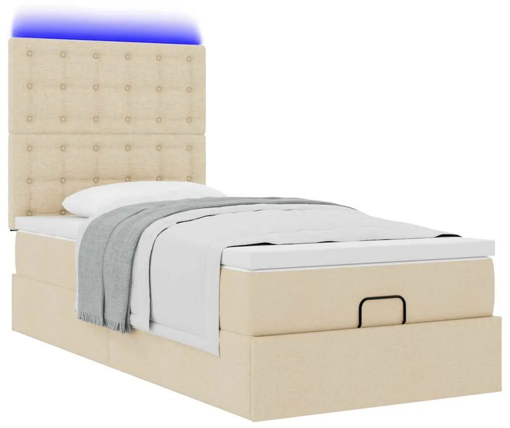 vidaXL Οθωμανικό κρεβάτι με στρώμα & LEDs Cream 90x190cm ύφασμα