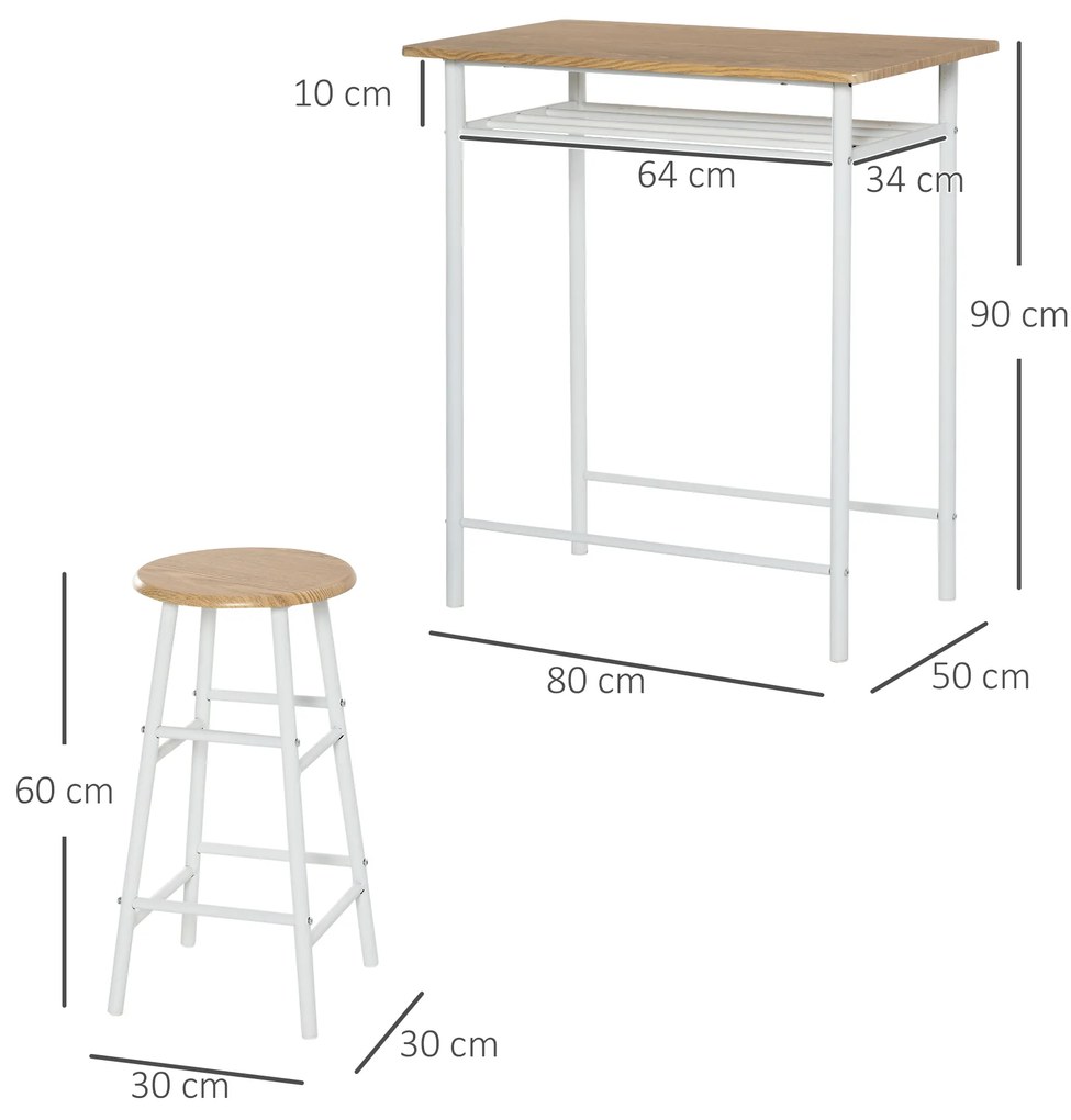 HOMCOM Σετ Μπάρας με 2 Σκαμπό Μπαρ, Τραπέζι Κουζίνας με Ράφι Αποθήκευσης, Τραπέζι Τραπεζαρίας για Τραπεζαρία, Κουζίνα, Λευκό