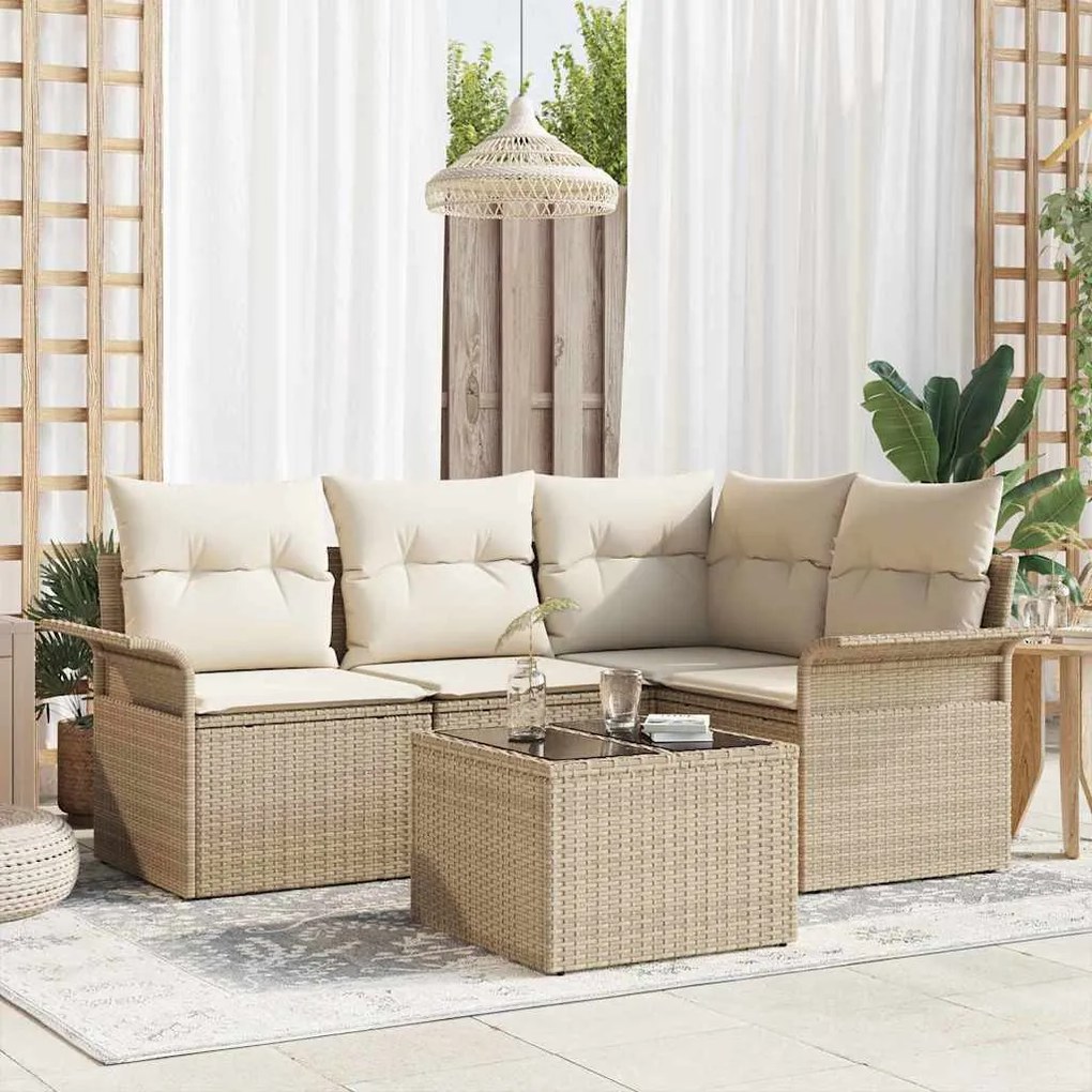 vidaXL Σετ Καναπέ Κήπου με μαξιλάρι 5 pcs Μπεζ Πολυ ράταν