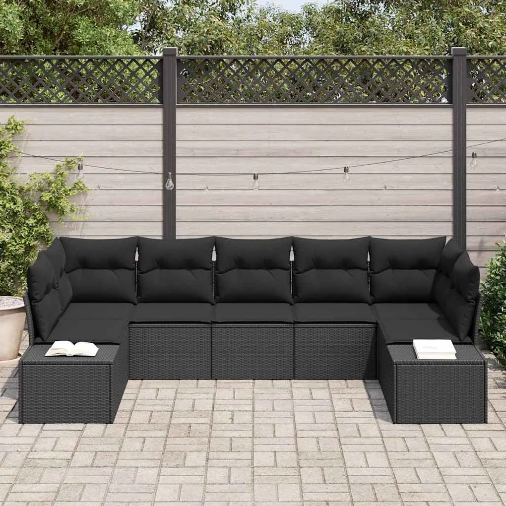 vidaXL Set καναπέ κήπου  7 κομματιών με μαξιλάρια, μαύρο πολυρατάν