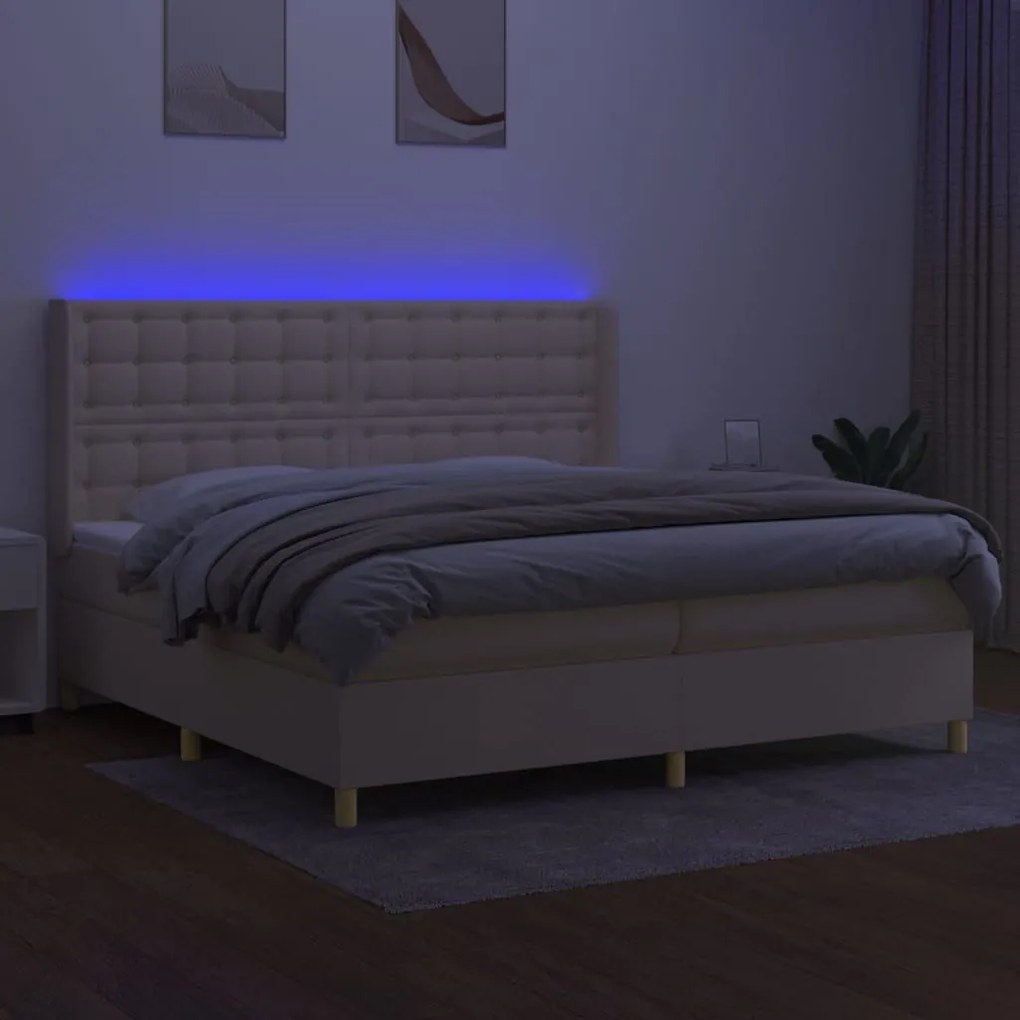 Κρεβάτι Boxspring με Στρώμα &amp; LED Κρεμ 200x200 εκ. Υφασμάτινο - Κρεμ