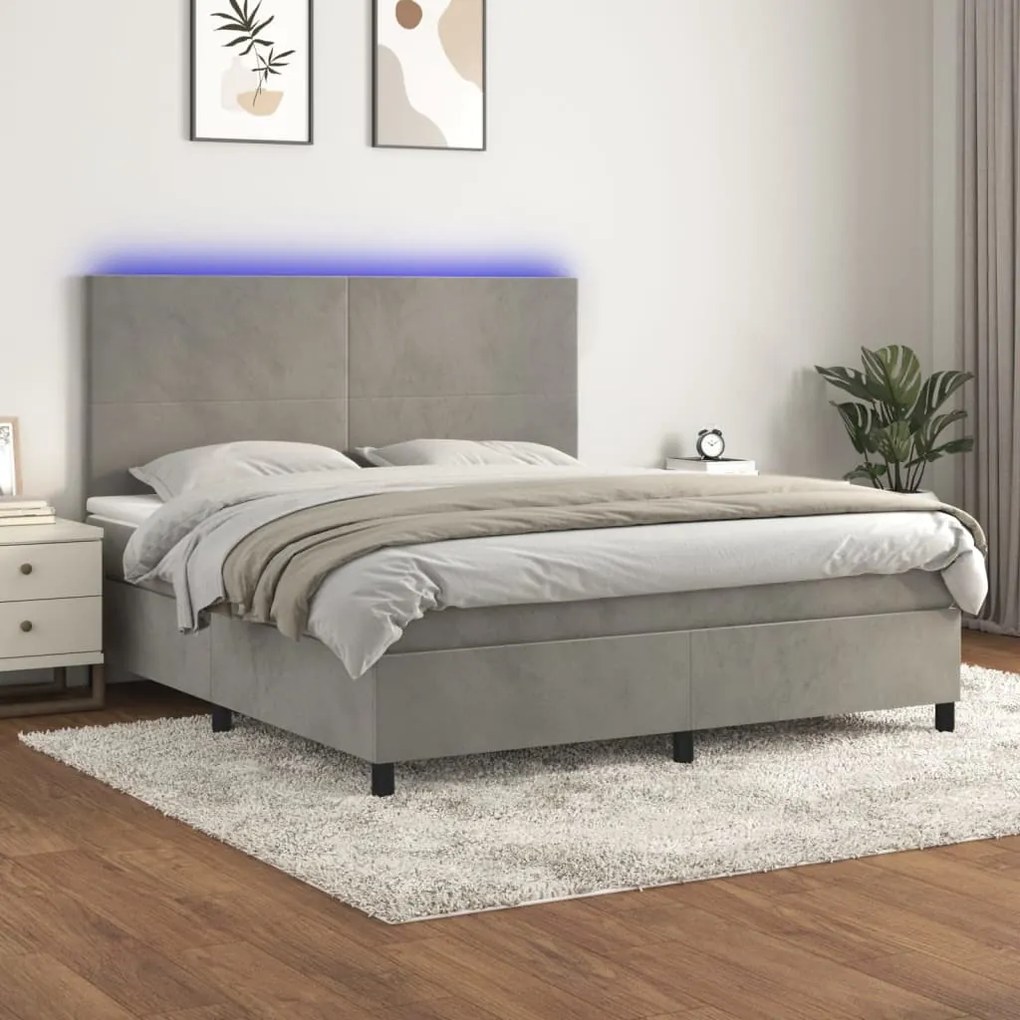 Κρεβάτι Boxspring με Στρώμα &amp; LED Αν.Γκρι 160x200 εκ. Βελούδινο