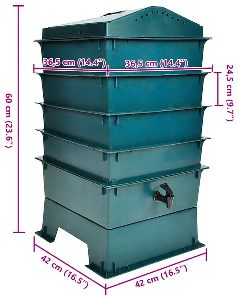 vidaXL Κομποστοποιητής για Γεωσκώληκες με 4 Δίσκους 42 x 42 x 60 εκ.