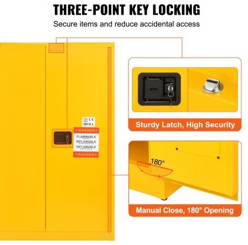 VEVOR Flammable Safety Cabinet, 45 Gal, Cold-Rolled Steel Flammable Liquid Storage Cabinet, 42.9 x 18.1 x 65.2 in Explosion Proof with 2 Adjustable Shelves 2 Manual Doors for Industrial Use, Yellow