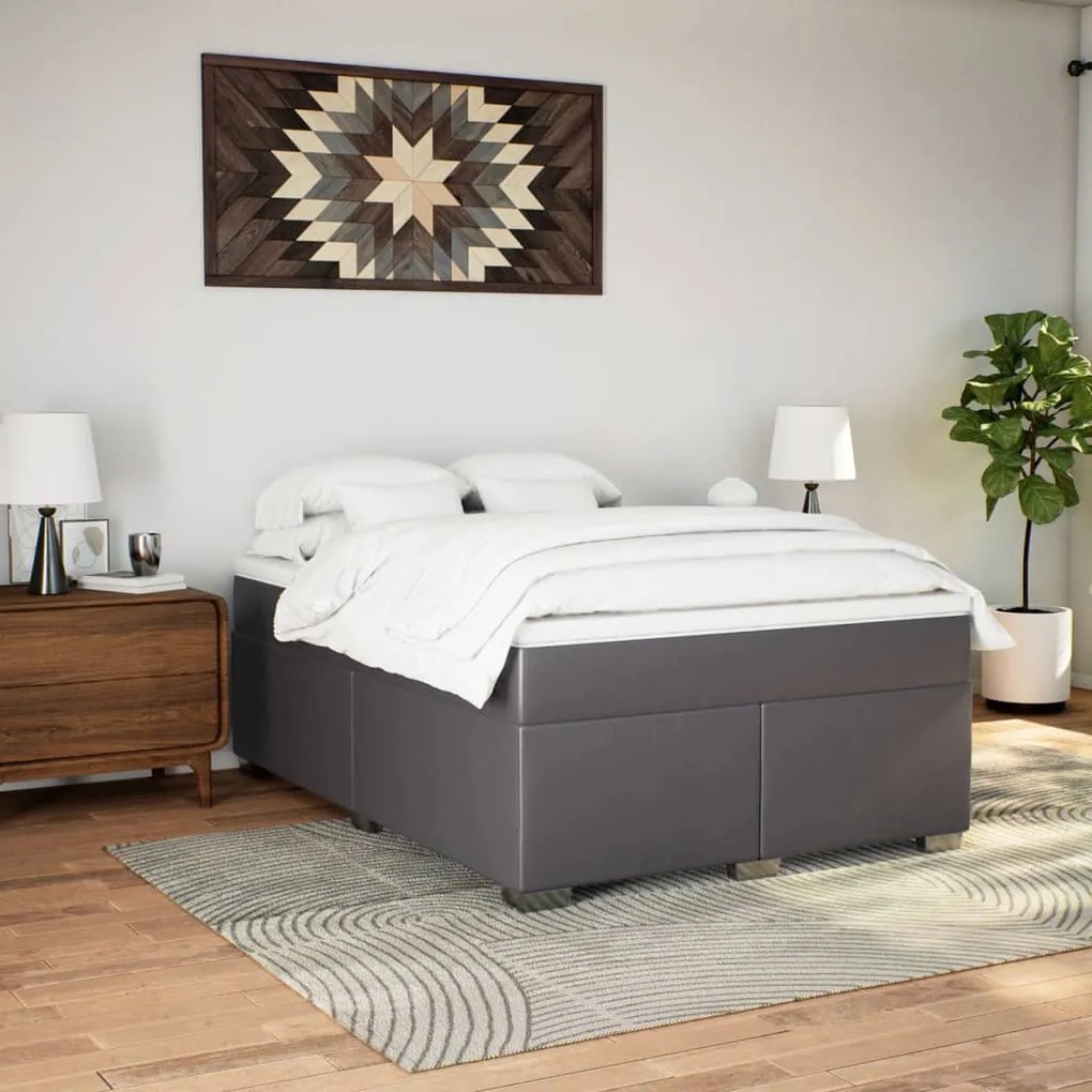 vidaXL Κρεβάτι Boxspring με Στρώμα Γκρι 140x190εκ. από Συνθετικό Δέρμα