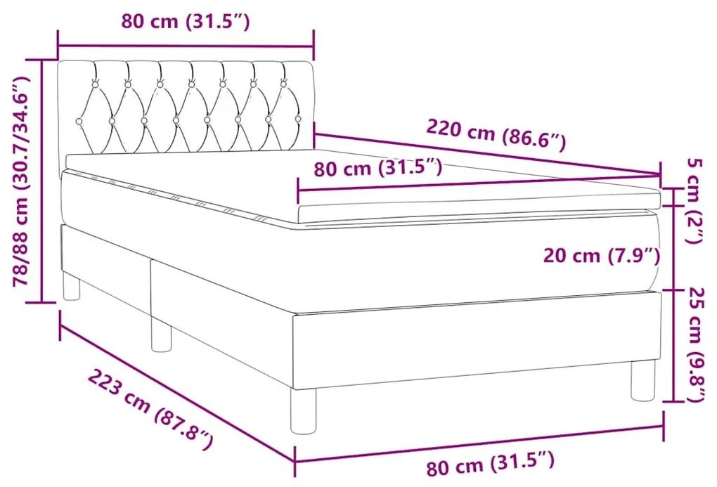 Box Spring κρεβάτι με στρώμα ανοιχτό γκρι 80x220 cm Βελούδινο - Γκρι