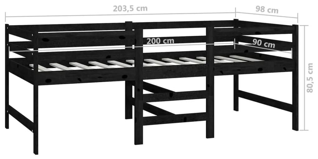 Κρεβάτι Υπερυψωμένο με Στρώμα Μαύρο 90x200εκ. Μασίφ Ξύλο Πεύκου - Μαύρο