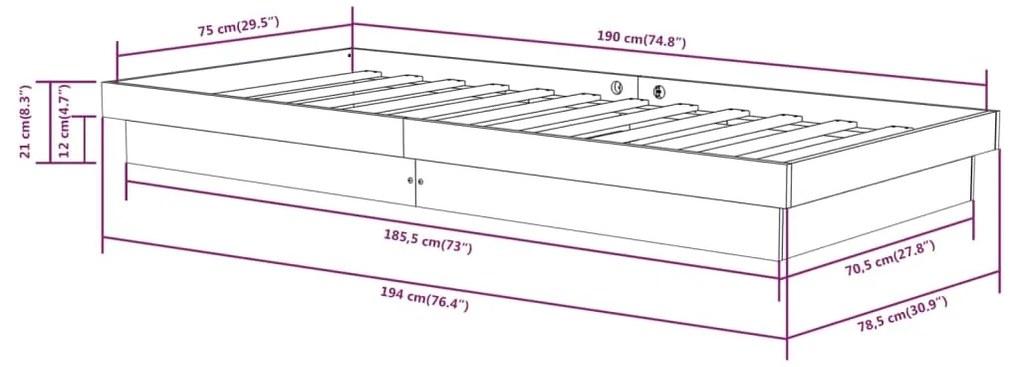 Πλαίσιο Κρεβατιού Μαύρο 75 x 190εκ. από Μασίφ Ξύλο Small Single - Μαύρο