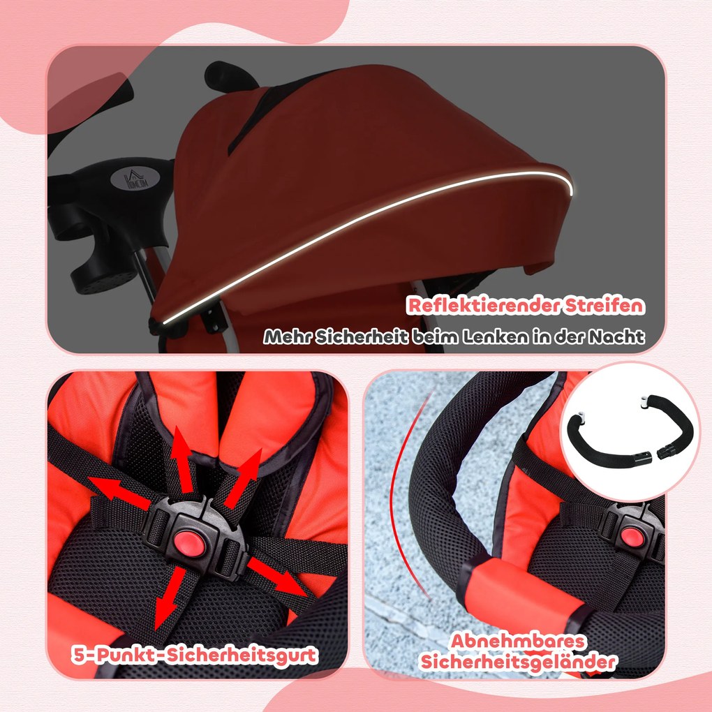 Παιδικό τρίκυκλο HOMCOM 6-σε-1 με ράβδο ώθησης, τέντα, ζώνη, καλάθι αποθήκευσης, 18+ μηνών, Κόκκινο