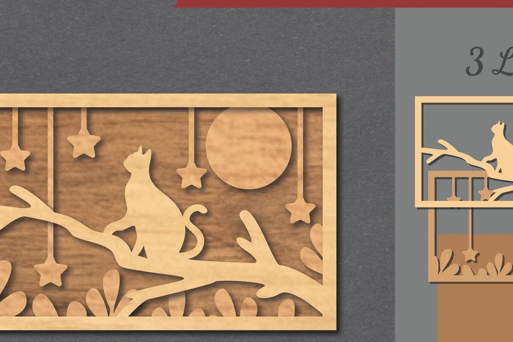 Σετ των 2 Intra απο ξύλο plywood 3mm-4mm πάχος Cat in the Tree Διακόσμηση σπιτιού με λέιζερ Δίασταση 15x15 cm INTRAFABR-112341491