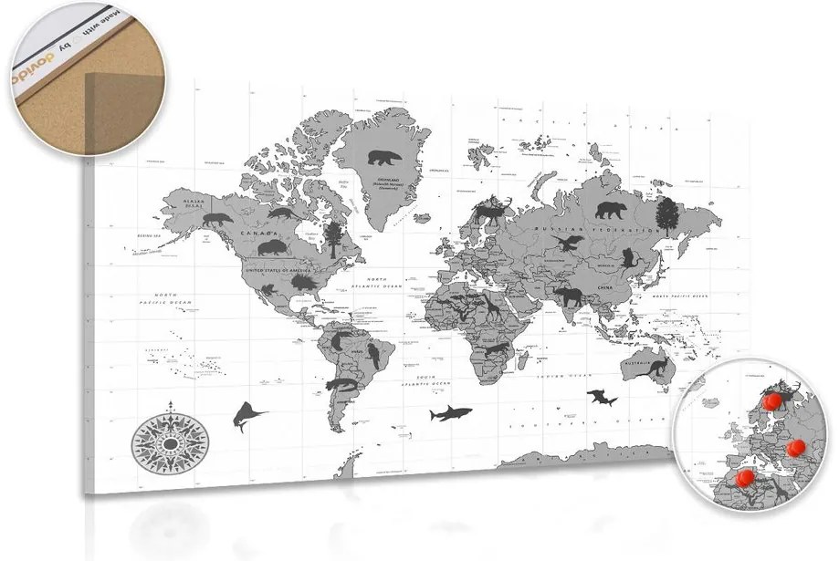 Εικόνα σε χάρτη από φελλό με ζώα σε ασπρόμαυρο σχέδιο - 90x60  wooden