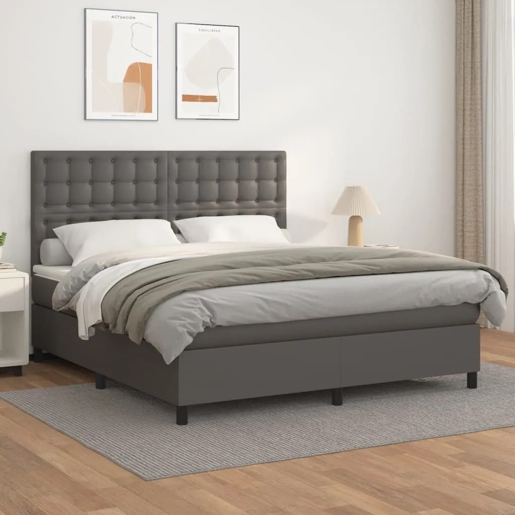 Κρεβάτι Boxspring με Στρώμα Γκρι 160x200εκ. από Συνθετικό Δέρμα - Γκρι