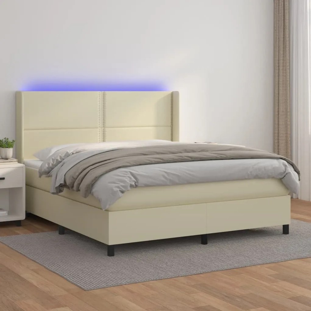 vidaXL Κρεβάτι Boxspring με Στρώμα & LED Κρεμ 160x200 εκ. Συνθ. Δέρμα