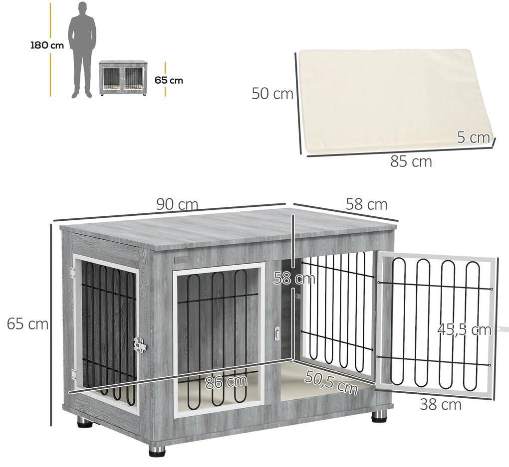 PawHut Κλουβί Σκύλου με Πλενόμενο Μαξιλάρι, 2 Κλειδώματα, 90 εκ. x 58 εκ. x 65 εκ., Γκρι