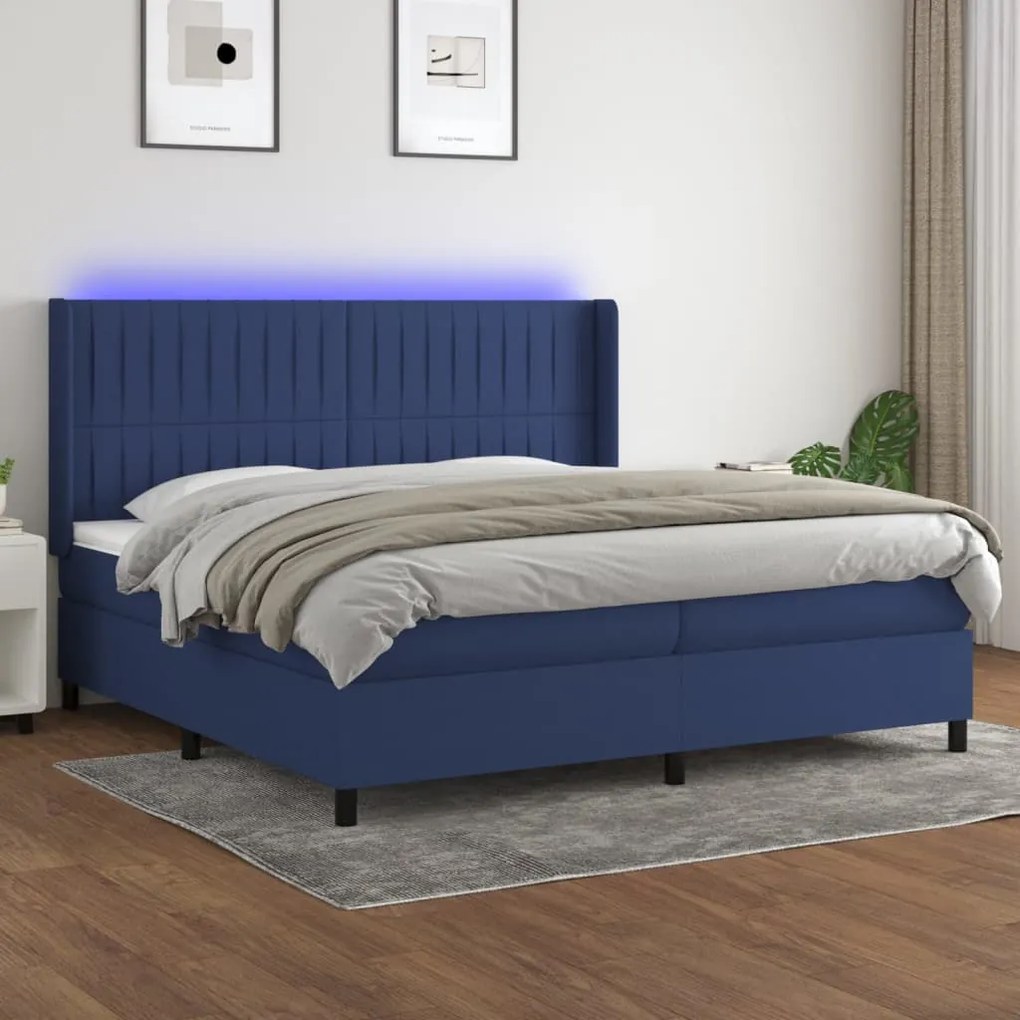 Κρεβάτι Boxspring με Στρώμα &amp; LED Μπλε 200x200 εκ. Υφασμάτινο - Μπλε