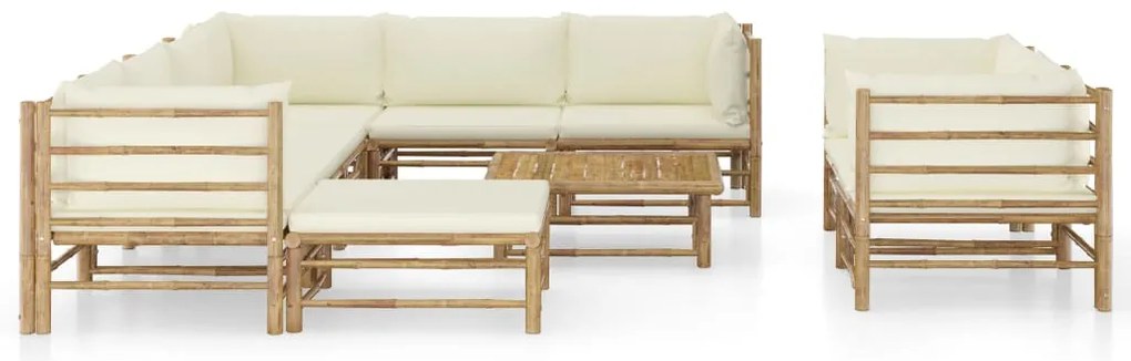 vidaXL Σαλόνι Κήπου Σετ 10 τεμ. από Μπαμπού με Λευκά Κρεμ Μαξιλάρια