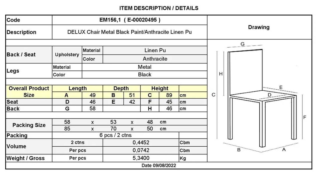 Καρέκλα DELUX Μεταλλική Βαφή Μαύρη/PU Ανθρακί 49x51x89cm (Σετ 6 ΤΕΜ)
