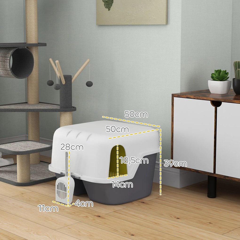 PawHut Τουαλέτα Γάτας, Κουτί Άμμου Γάτας με Κάλυμμα και Φτυάρι, Εύκολο στο Καθάρισμα, Κλειδώνει, Λευκό