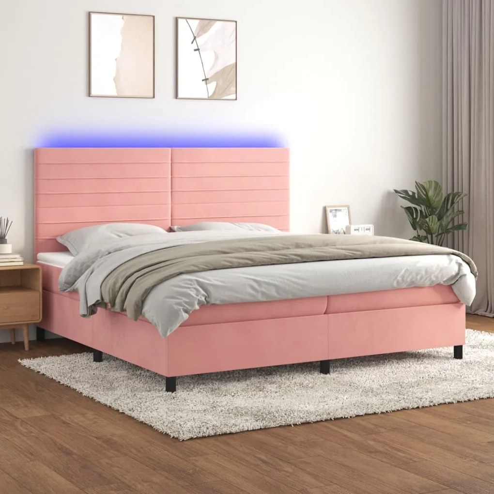 vidaXL Κρεβάτι Boxspring με Στρώμα &amp; LED Ροζ 200x200 εκ. Βελούδινο