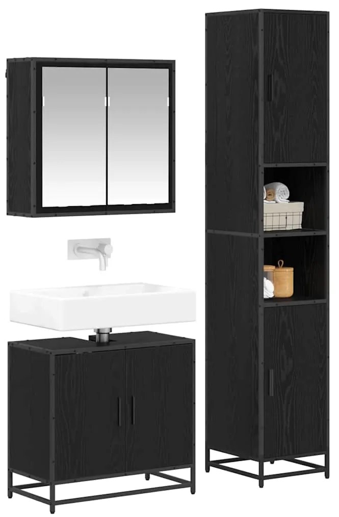 vidaXL Σετ Επίπλων Μπάνιου με ράφι 3 pcs Μαύρη Οξυά Επεξεργασμένο ξύλο