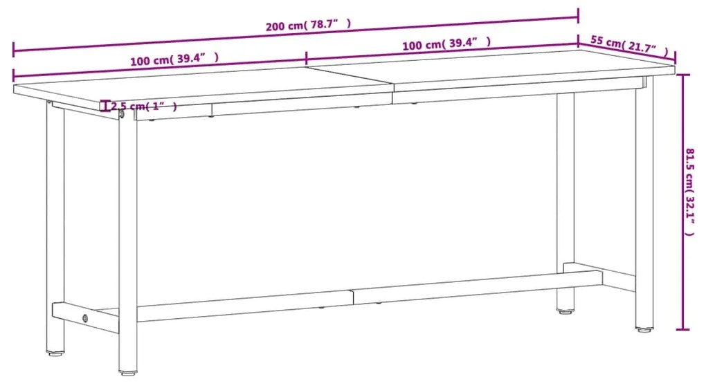 Πάγκος Εργασίας 200x55x81,5εκ. από Μασίφ Ξύλο Οξιάς και Μέταλλο - Καφέ