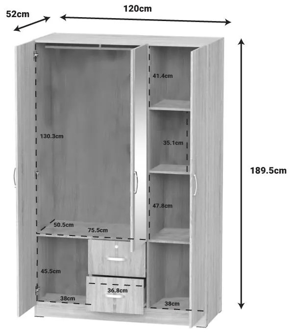 Ντουλάπα ρούχων τρίφυλλη Dillion sonoma μελαμίνης 120x52x190εκ