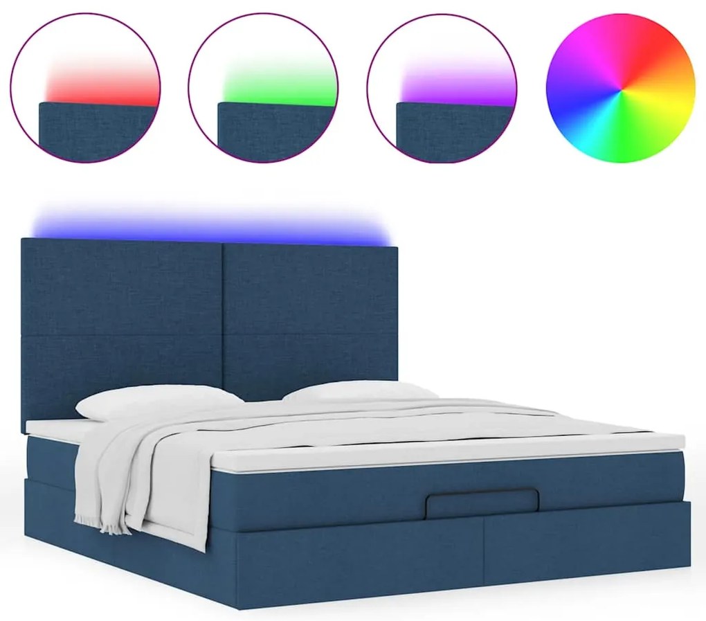 vidaXL Οθωμανικό κρεβάτι με στρώμα & LEDs Μπλε 180x200cm ύφασμα