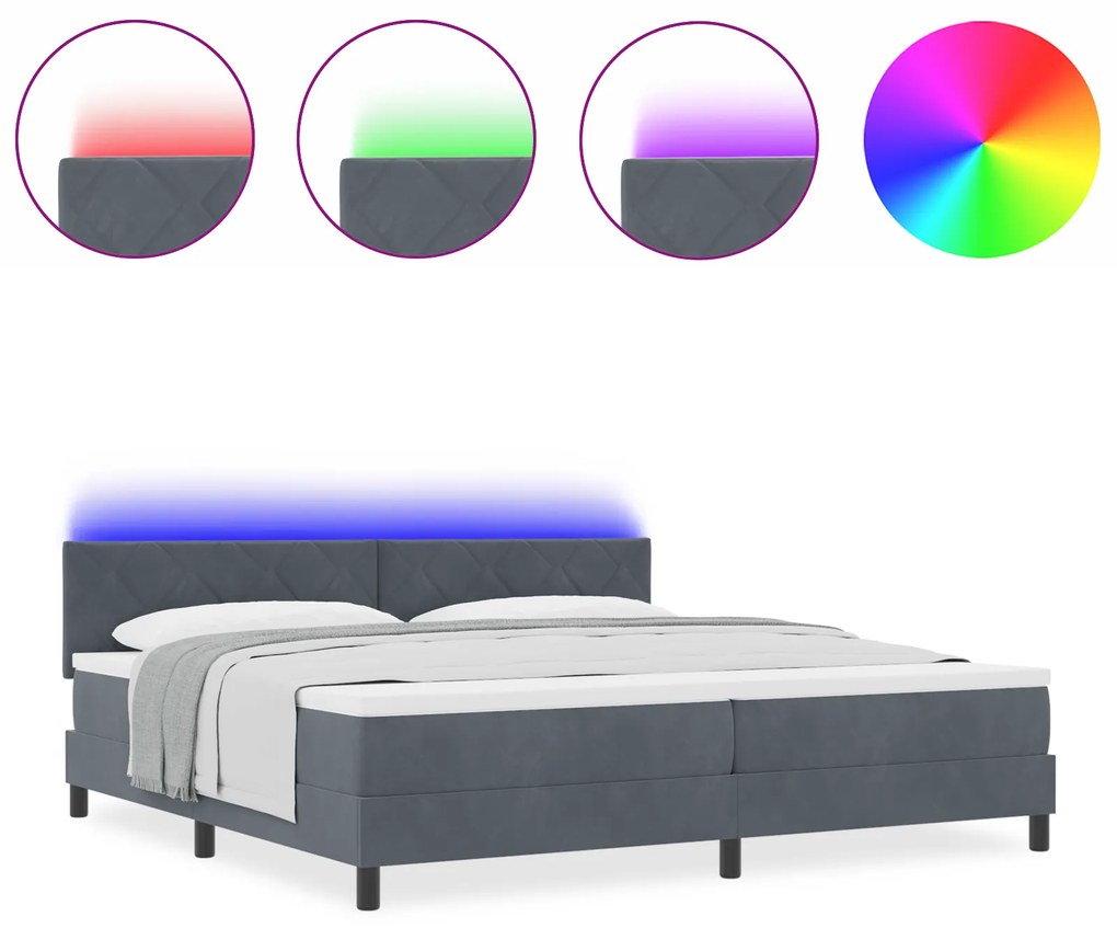 vidaXL Κρεβάτι Box Spring με Ματράς & LED Σκούρο Γκρι 200x200 εκ. Βελούδο