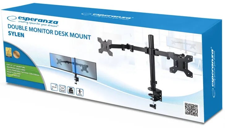 Βάση οθόνης Esperanza ERW018, Για 2 οθόνες, 10"-27", VESA 75/100 mm, Έως 8 κιλά ανά βραχίονα, Μαύρο