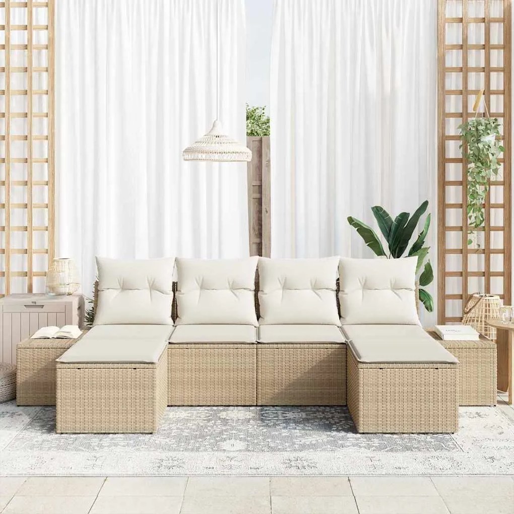 vidaXL Σετ Καναπέ Κήπου με μαξιλάρι 6 pcs Μπεζ Πολυ ράταν
