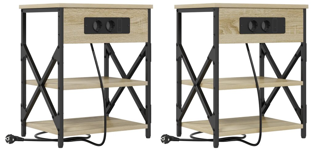vidaXL Κομοδίνο με Σταθμό Φόρτισης με ράφι 2 pcs Sonoma Δρυς