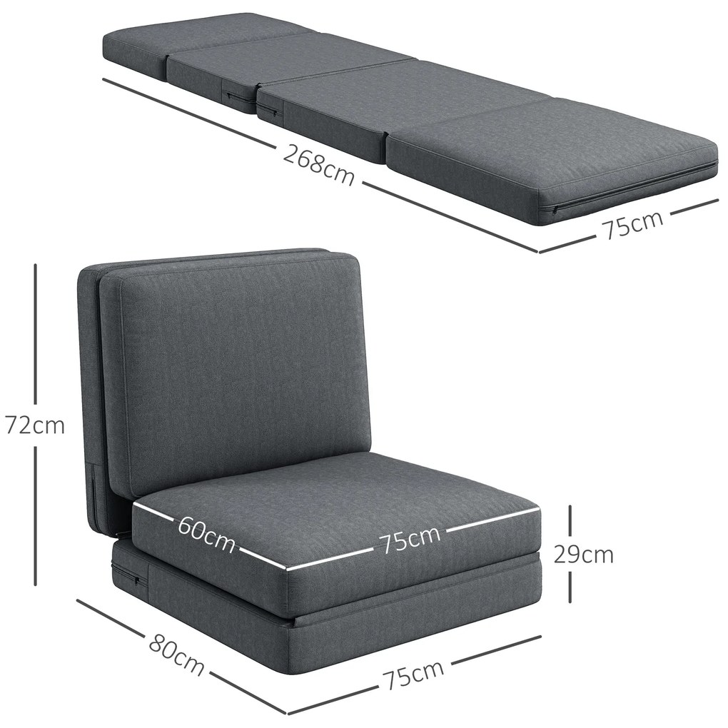 HOMCOM Αναδιπλούμενο κάθισμα δαπέδου με μαξιλάρι, μετατρέψιμος πολυθρόνας, σαλόνι, δωμάτιο επισκεπτών, γραφείο, 75 x 268 x 18 cm, σκούρο γκρι