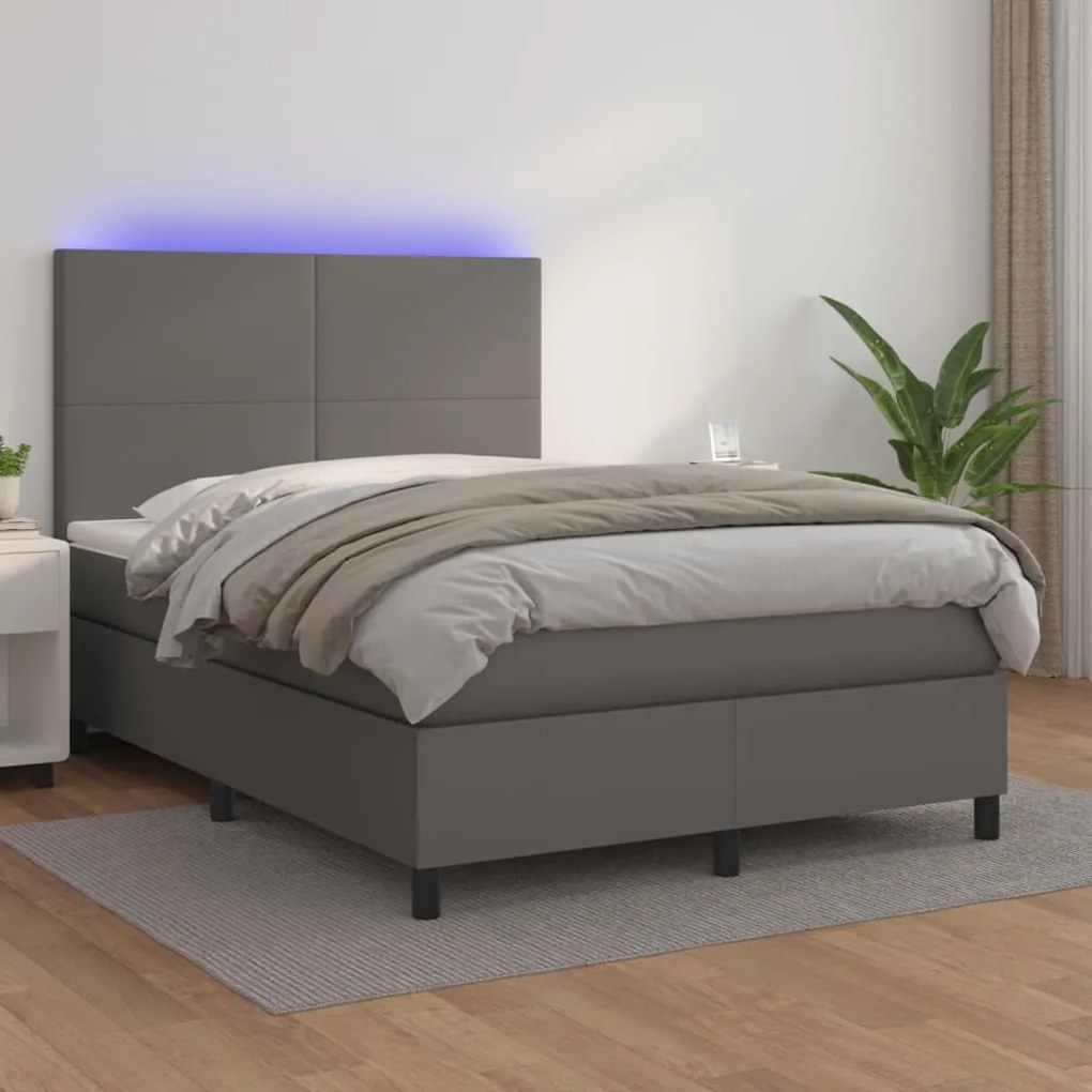 Κρεβάτι Boxspring με Στρώμα & LED Γκρι 140x200 εκ. Συνθ. Δέρμα