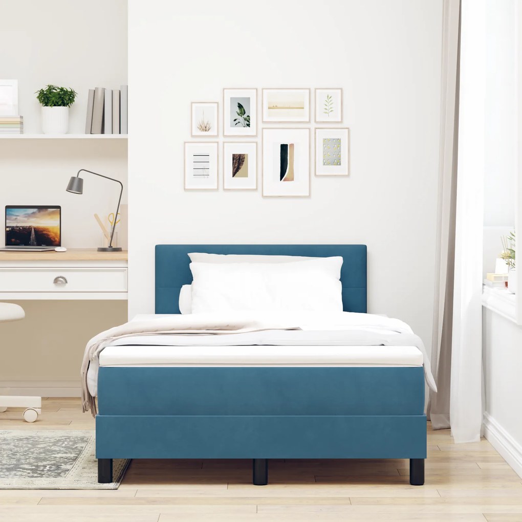 vidaXL κρεβάτι Box Spring  με στρώμα & LED Μπλε Σκούρο 120x200 εκ Βελούδο