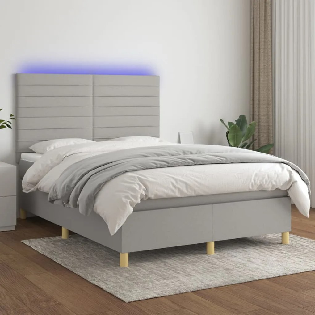Κρεβάτι Boxspring με Στρώμα & LED Αν.Γκρι 140x200εκ. Υφασμάτινο