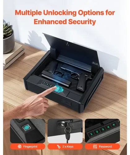 VEVOR Gun Safe, Heavy Duty Handgun Safe with Fingerprint/Password/Key, 3-Way Quick Access Firearm Case Box with Lighting for 2 Pistols & 2 Magazines, Pistol Gun Box for Nightstand Bedside Desk Car