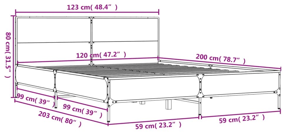 Πλαίσιο Κρεβατιού Καφέ Δρυς 120x200 εκ. Επεξ. Ξύλο &amp; Μέταλλο - Καφέ
