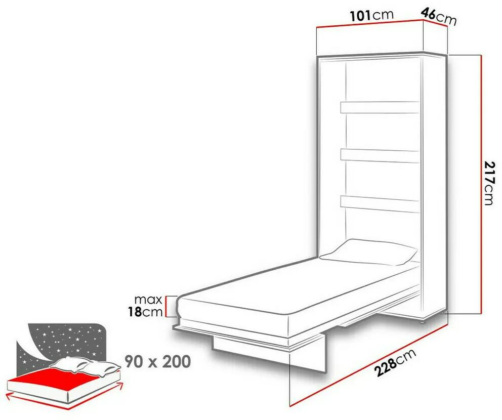 Κρεβάτι - ντουλάπα Concept Pro Lenart AH103, Μονόκλινο, Ανοιχτό καφέ, 90x200, Πλαστικοποιημένη μοριοσανίδα, Τάβλες για Κρεβάτι, 101x228x217cm