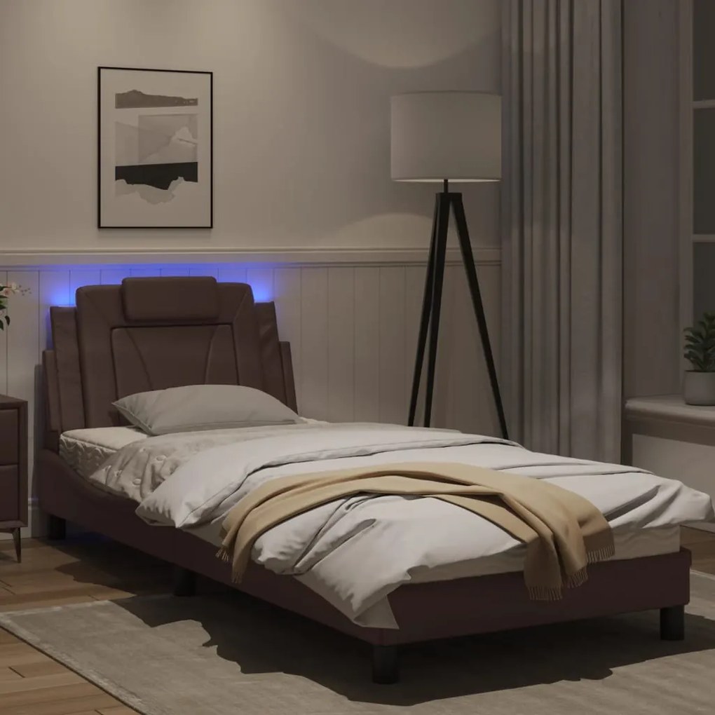 vidaXL Πλαίσιο Κρεβατιού με LED Καφέ 90x190 εκ. Συνθετικό Δέρμα