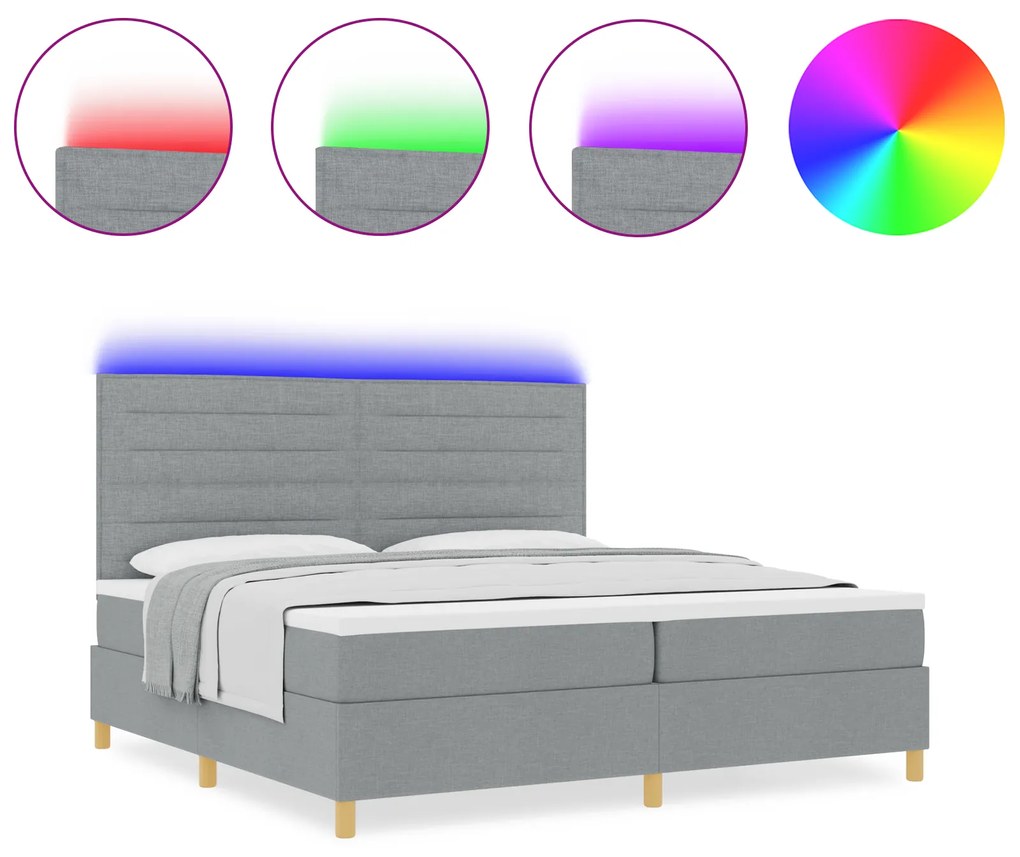 vidaXL Κρεβάτι Box Spring με Στρώμα & LED Φως Γκρι 200x200 εκ Υφασμάτινο