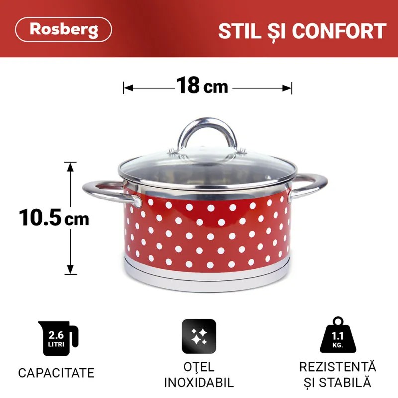 Κατσαρόλα Rosberg R51210I18, 18 cm, 2,6 λίτρα, Διπλός πάτος, Επαγωγή, Ανοξείδωτο / κόκκινο με λευκές κουκκίδες