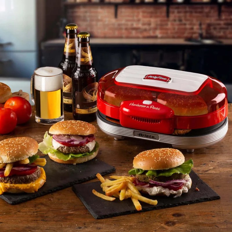 Μηχανή για μπέργκερ και σάντουιτς Ariete Party Time 0205/00, 1200W, 2 διαμερίσματα, Αντικολλητικές πλάκες, Αφαιρούμενος δίσκος, Κόκκινο