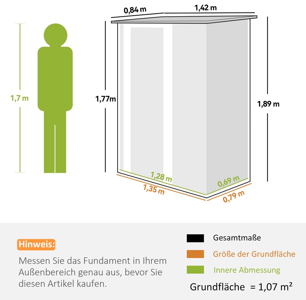 Μεταλλικό σπιτάκι εργαλείων 1,07 m² με επικλινή στέγη, 142 x 84 x 189 cm Αποθήκη κήπου με κλειδούμενη πόρτα, Σπιτάκι κήπου, Σπιτάκι κήπου Πράσινο