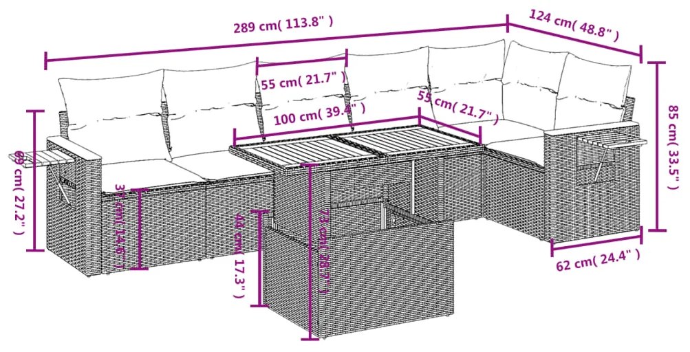 vidaXL Καναπές Σετ 7 Τεμαχίων Μαύρο Συνθετικό Ρατάν με Μαξιλάρια