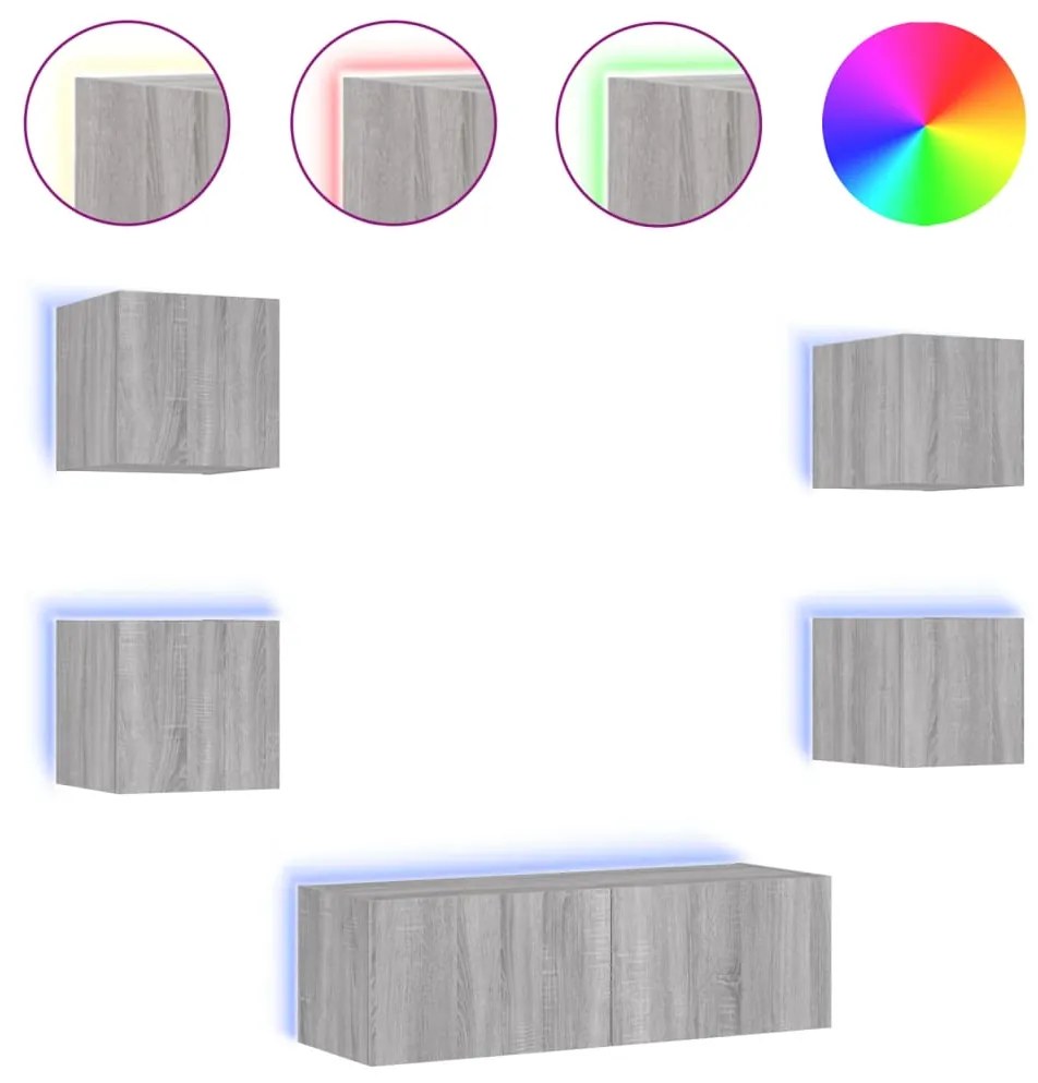vidaXL Ντουλάπια Τηλεόρασης Τοίχου 5 Τεμ. με Φώτα LED Γκρι Sonoma