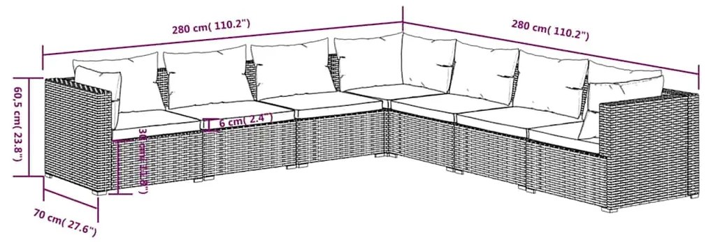 vidaXL Σαλόνι Κήπου Σετ 7 Τεμαχίων Καφέ Συνθετικό Ρατάν με Μαξιλάρια