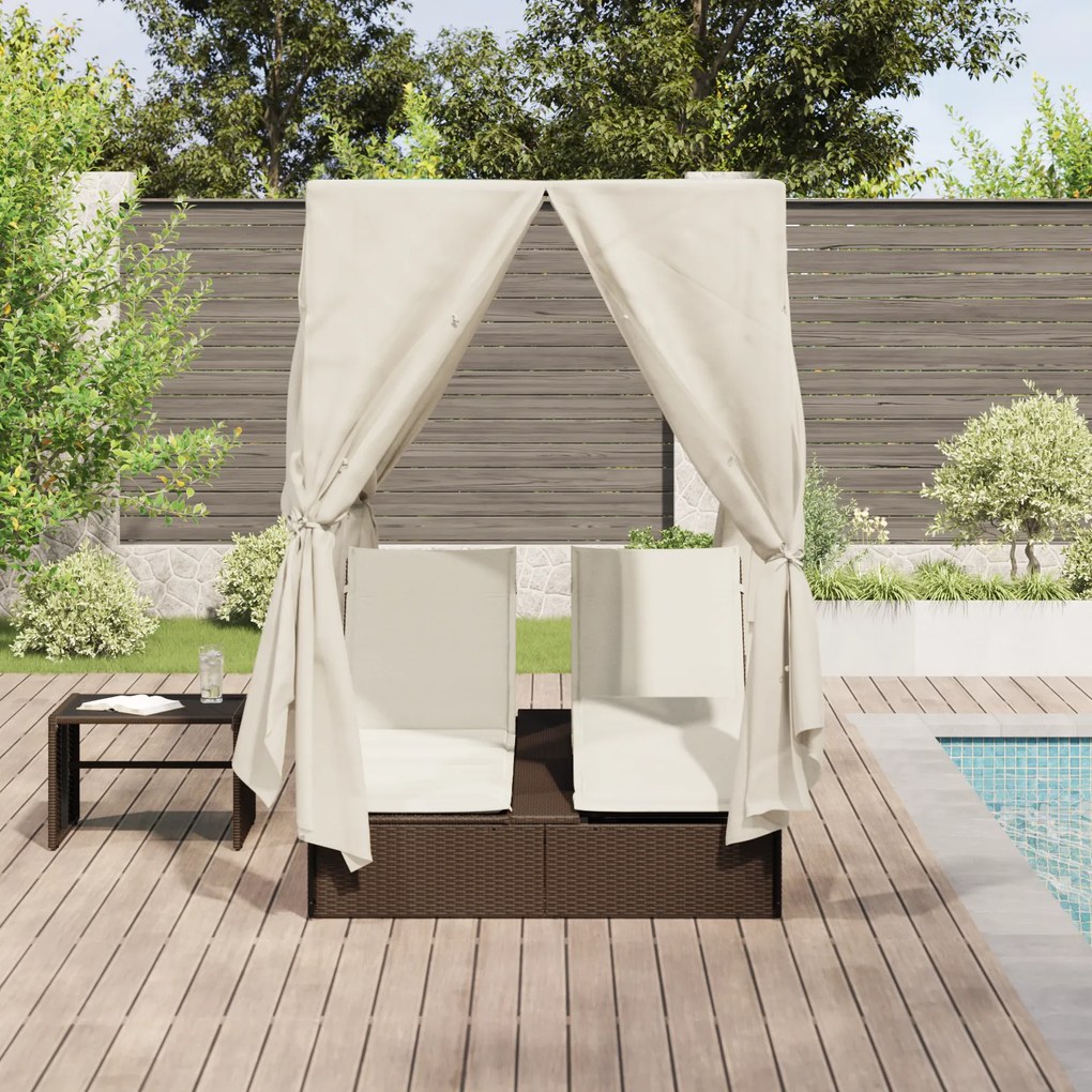 vidaXL Διπλή ξαπλώστρα με οροφή Καφέ 205 x 129 x 200 εκ PE ρατάν
