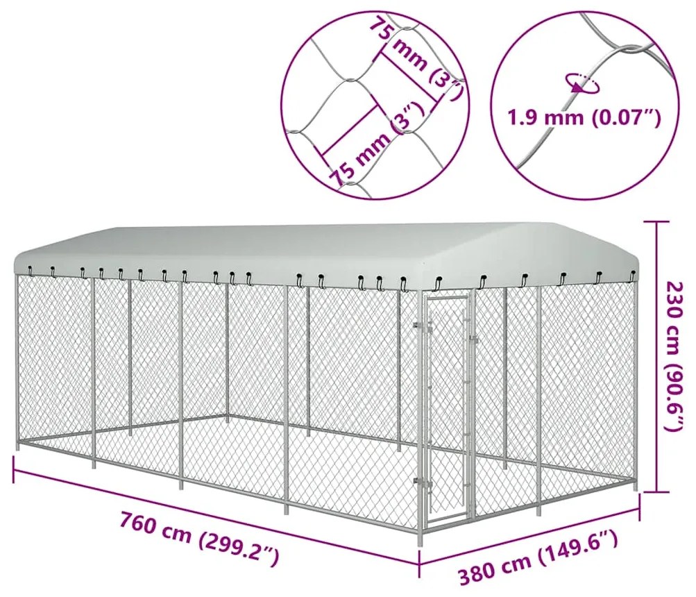 vidaXL Κλουβί Σκύλου Εξωτερικού Χώρου 7,6 x 3,8 x 2,3 μ. με Στέγαστρο